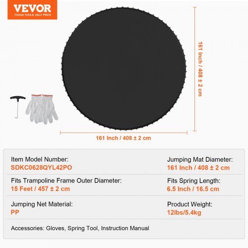 Trampolinmåtte, Udskiftningsspringmåtte 408 cm, Sort, UV-resistent materiale