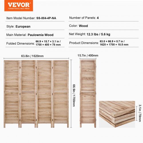 Rumsavdelare, 4-panelig vikbar lamellskärm, 162x170x1,9 cm, trä