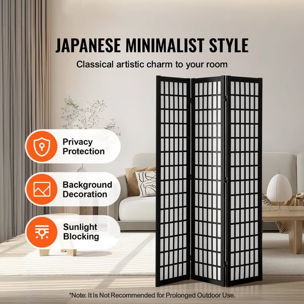 Rumdeler, 3-panel japansk stil, 120,5x170x18,5 cm, sort, træ foldbar