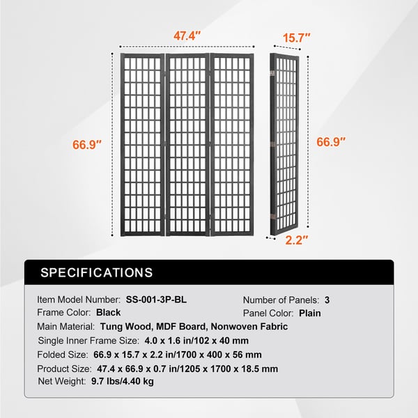 Rumdeler, 3-panel japansk stil, 120,5x170x18,5 cm, sort, træ foldbar