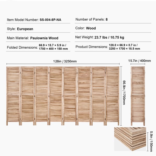 Rumdeler, 8-panel foldbar lamel skillevæg, 325x170x1,9 cm, træ