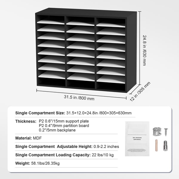 Litteraturorganisator, 27 rum, 80x30,5x63 cm, sort & hvid, justerbare hylder