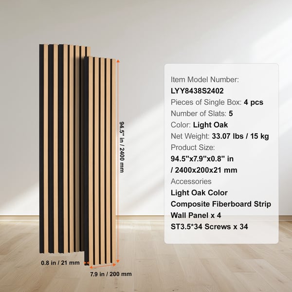Akustik vægpaneler, 240x20x2,1 cm, lys eg, MDF