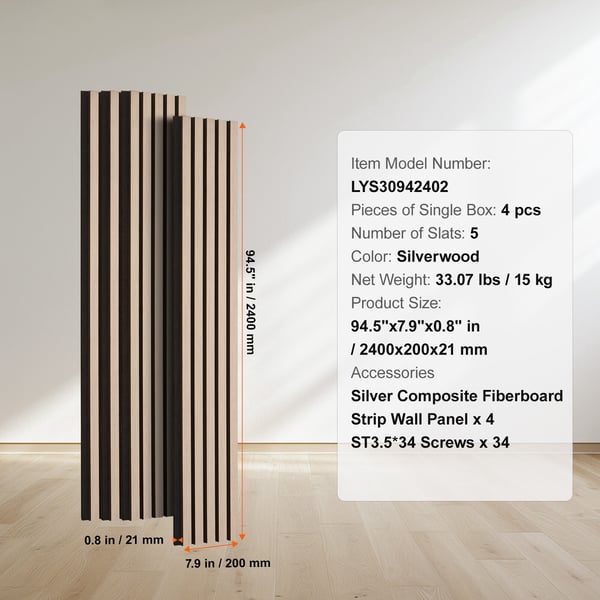 Akustiset seinäpaneelit, 240x20x2,1 cm, hopea, MDF