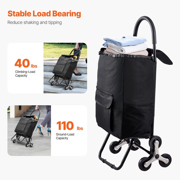 Trappklättrande shoppingvagn, 36L, 45x35x96.5 cm, svart, hopfällbar
