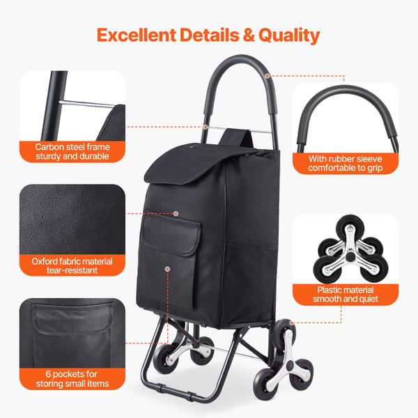 Trappklättrande shoppingvagn, 36L, 45x35x96.5 cm, svart, hopfällbar