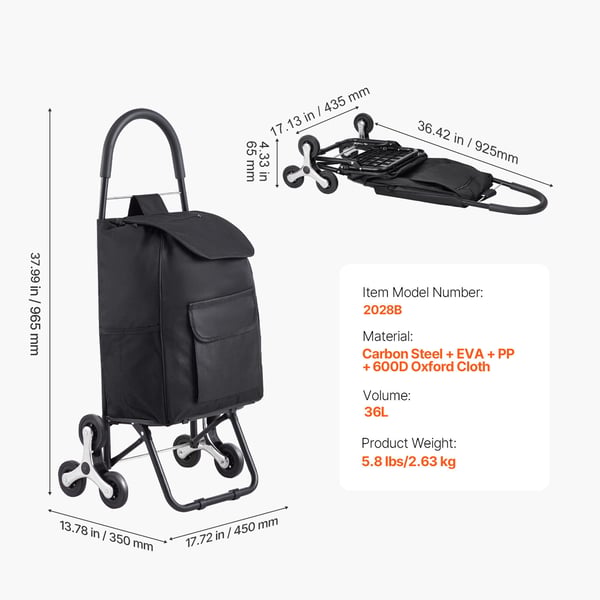 Trappklättrande shoppingvagn, 36L, 45x35x96.5 cm, svart, hopfällbar
