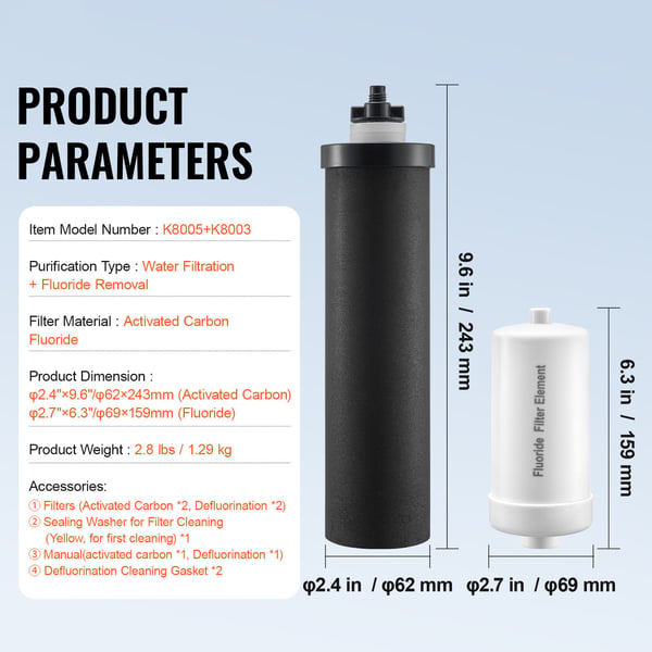 Vattenfilter ersättningselement, 62x243 mm, 4-pack, Aktivt kol