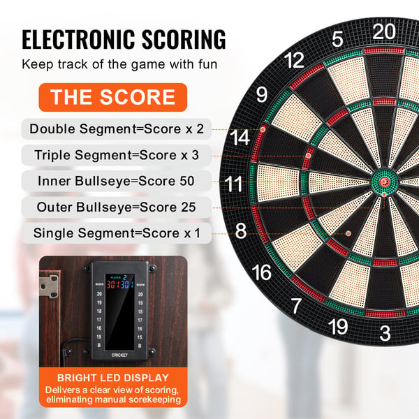 Dartskive og skabssæt, elektronisk pointtælling, 34,3 cm, træ, spillerum