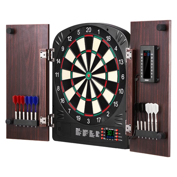 Dartskive og skabssæt, elektronisk pointtælling, 34,3 cm, træ, spillerum