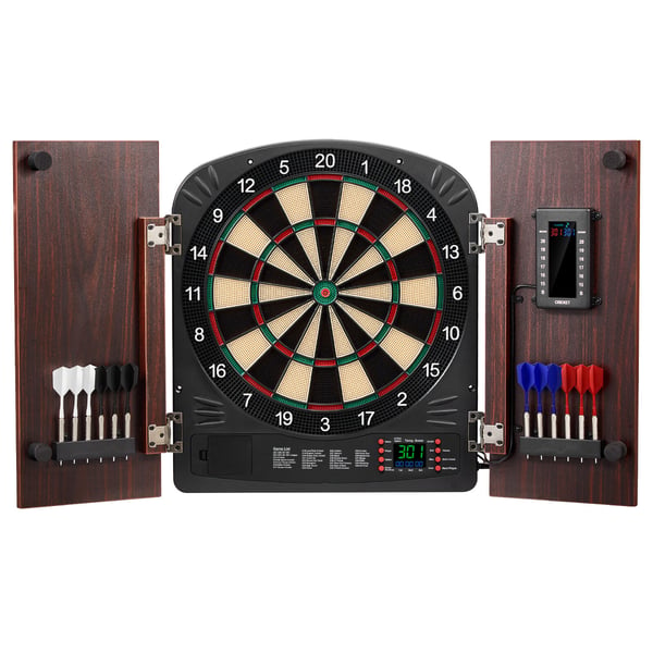 Dartskive og skabssæt, elektronisk pointtælling, 34,3 cm, træ, spillerum