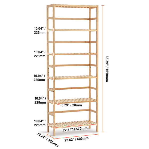 Bogreol, 6-lags bambusreol, 60x26x161 cm, Natur, Bambus