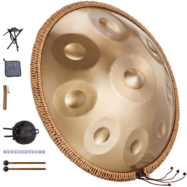 Handpan tromme, 55,9x55,9x25 cm, gyldent stål, 9 toner, D-mol Handpan tromme, 55,9x55,9x25 cm, gyldent stål, 9 toner, D-mol