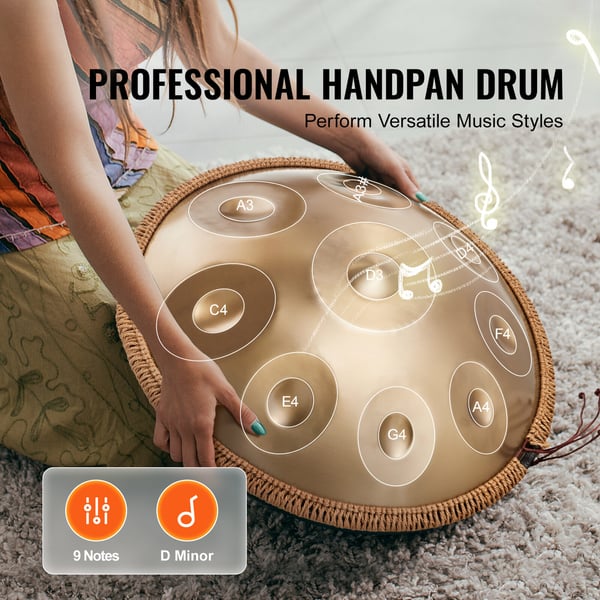 Handpan tromme, 55,9x55,9x25 cm, gyldent stål, 9 toner, D-mol