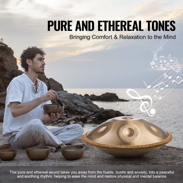 Handpan tromme, 55,9x55,9x25 cm, gyldent stål, 9 toner, D-mol