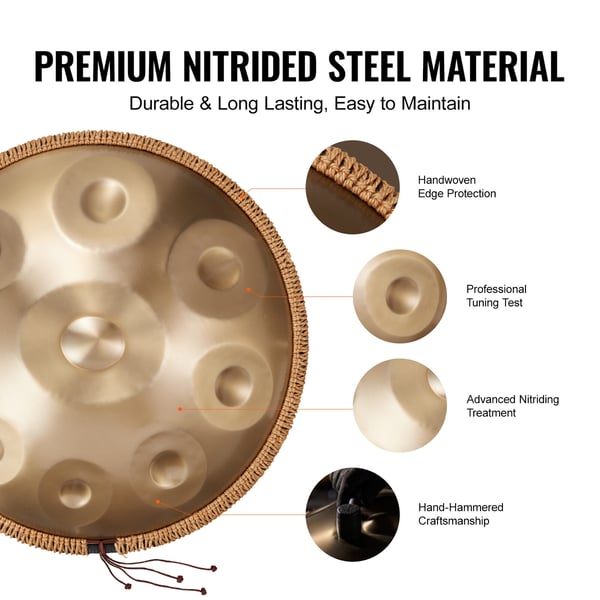 Handpan tromme, 55,9x55,9x25 cm, gyldent stål, 9 toner, D-mol