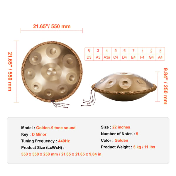 Handpan tromme, 55,9x55,9x25 cm, gyldent stål, 9 toner, D-mol