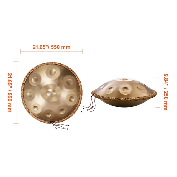 Handpan tromme, 55,9x55,9x25 cm, gyldent stål, 9 toner, D-mol