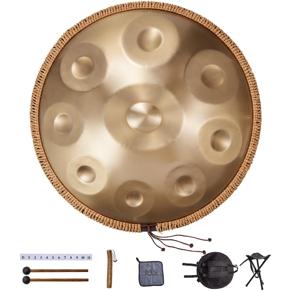 Handpan tromme, 55,9x55,9x25 cm, gyldent stål, 9 toner, D-mol
