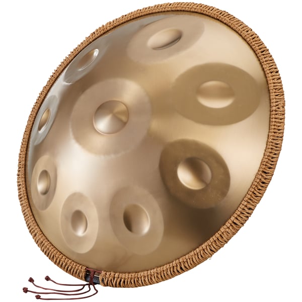 Handpan tromme, 55,9x55,9x25 cm, gyldent stål, 9 toner, D-mol