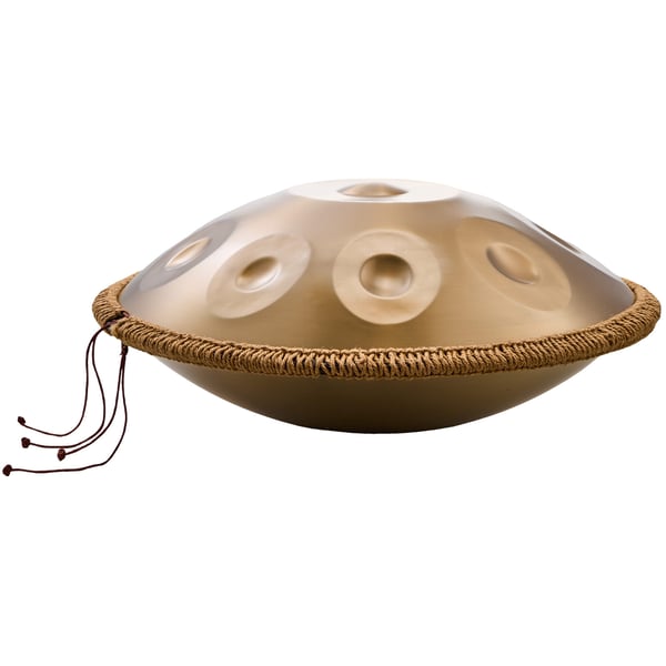 Handpan tromme, 55,9x55,9x25 cm, gyldent stål, 9 toner, D-mol