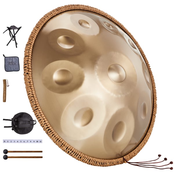 Handpan tromme 55,9x55,9x25 cm gylden, stålinstrument Handpan tromme 55,9x55,9x25 cm gylden, stålinstrument