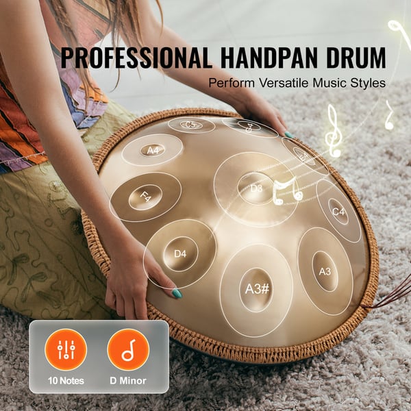 Handpan tromme 55,9x55,9x25 cm gylden, stålinstrument
