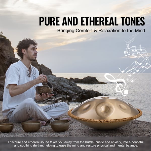 Handpan tromme 55,9x55,9x25 cm gylden, stålinstrument