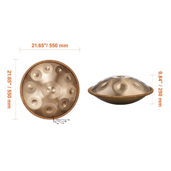 Handpan tromme 55,9x55,9x25 cm gylden, stålinstrument