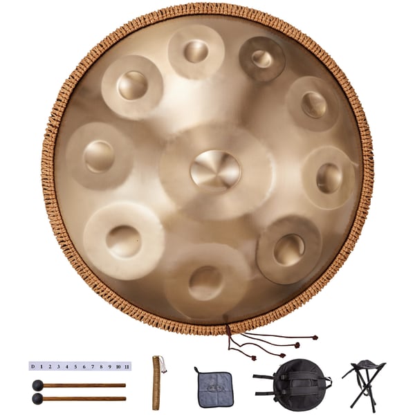 Handpan tromme 55,9x55,9x25 cm gylden, stålinstrument