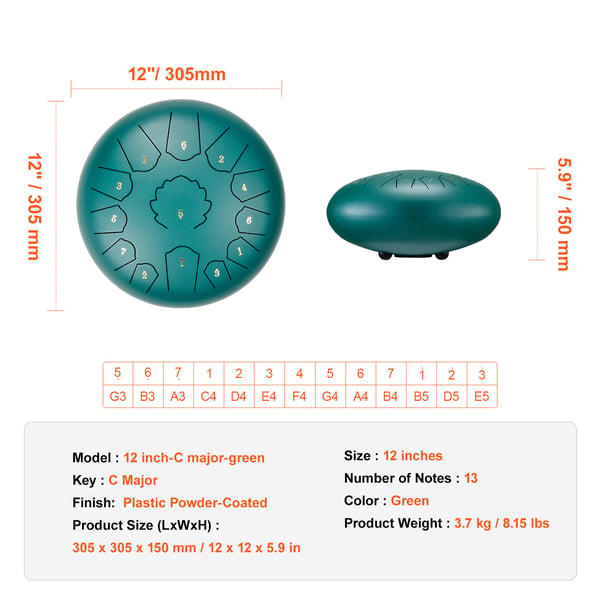Steel Tongue Drum, 30,5x30,5x15 cm, Grøn, Slaginstrument