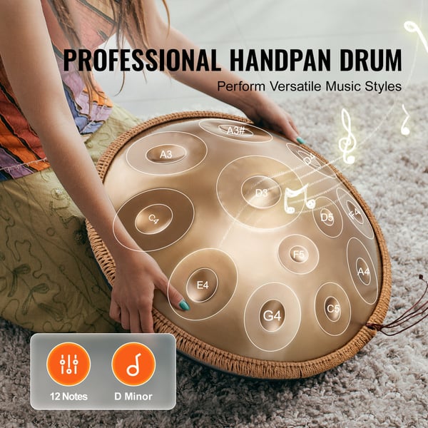 Handpan tromme 55,9x55,9x25 cm gylden, stålinstrument