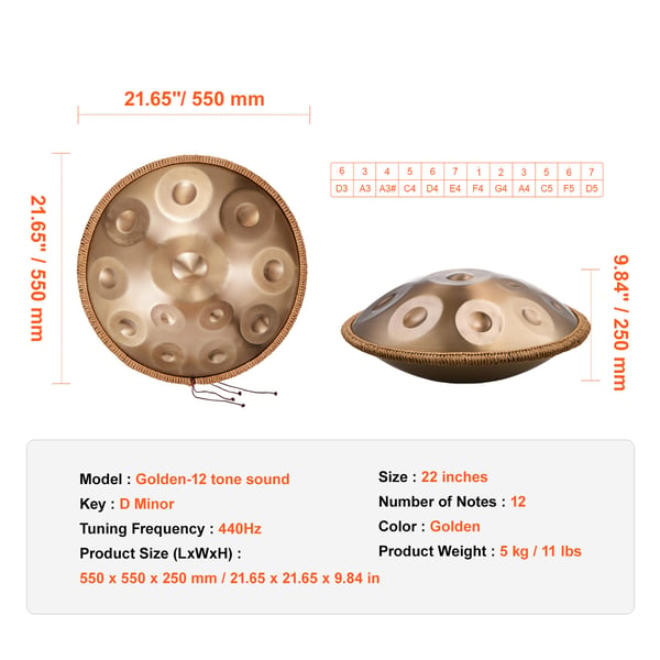 Handpan tromme 55,9x55,9x25 cm gylden, stålinstrument