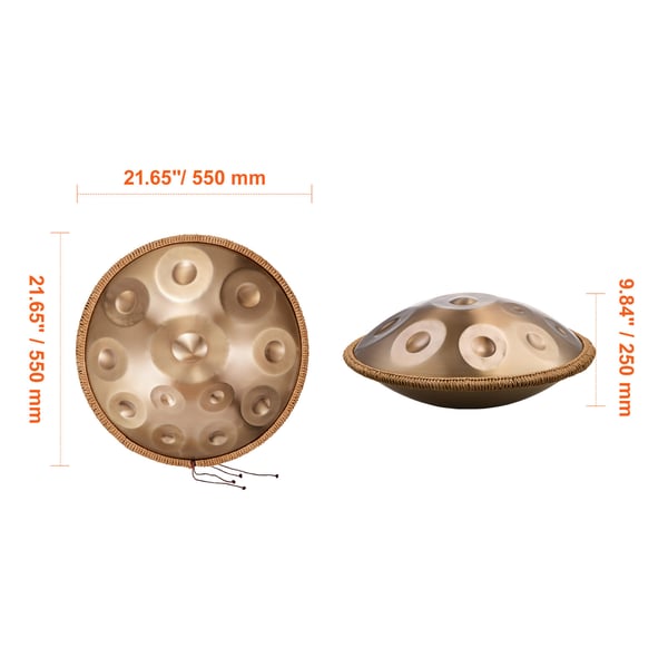 Handpan tromme 55,9x55,9x25 cm gylden, stålinstrument