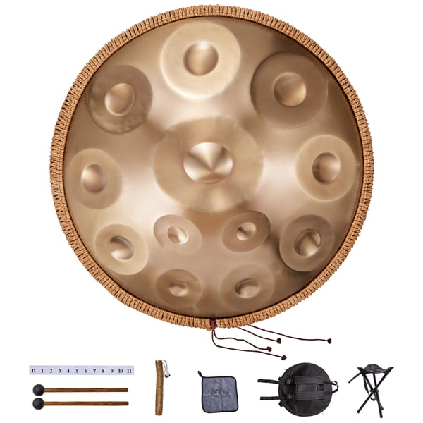 Handpan tromme 55,9x55,9x25 cm gylden, stålinstrument