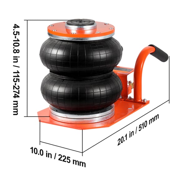 Luftdonkraft, 3 ton pneumatisk donkraft med forhøjet søjle, 51x25,5x11,5-27,4 cm
