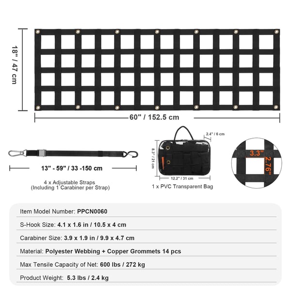 Bakluckenät 152.5x47 cm, robust lastnät för flak, svart