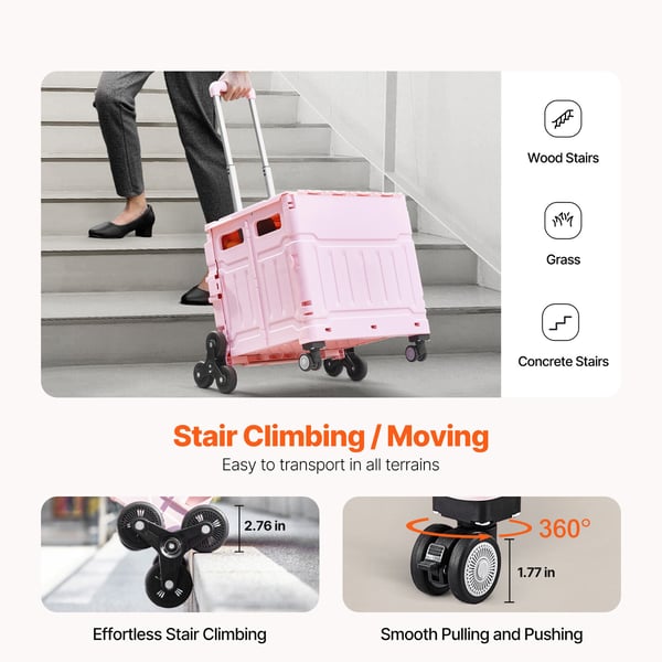 Verktygsvagn, 65L hopfällbar trappklättrande vagn, 51,2x48x89,7 cm, rosa