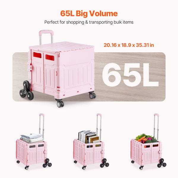 Verktygsvagn, 65L hopfällbar trappklättrande vagn, 51,2x48x89,7 cm, rosa