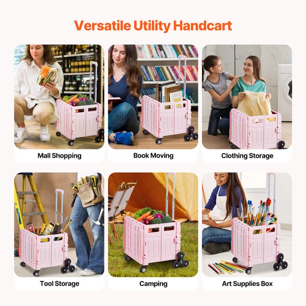 Verktygsvagn, 65L hopfällbar trappklättrande vagn, 51,2x48x89,7 cm, rosa