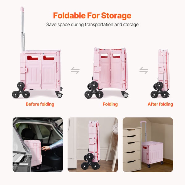 Verktygsvagn, 65L hopfällbar trappklättrande vagn, 51,2x48x89,7 cm, rosa