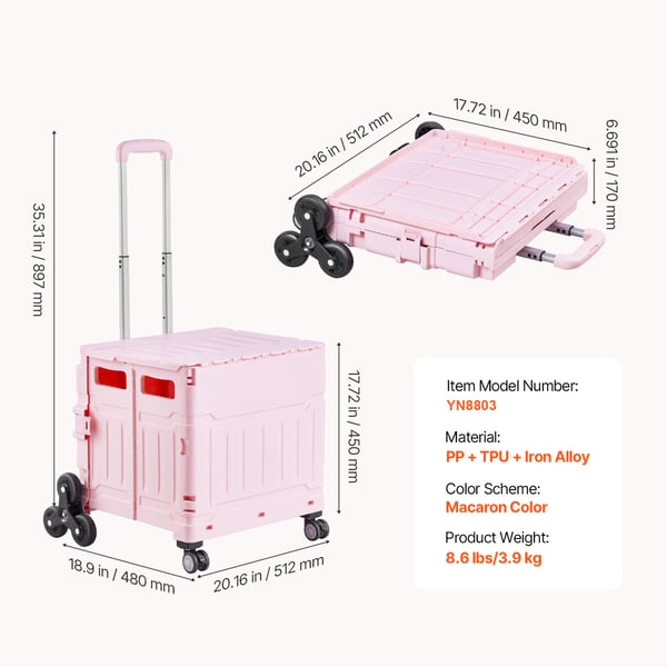 Verktygsvagn, 65L hopfällbar trappklättrande vagn, 51,2x48x89,7 cm, rosa