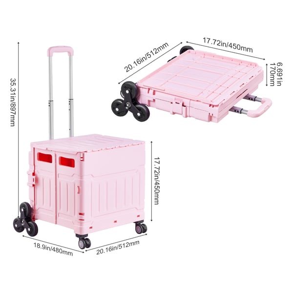Verktygsvagn, 65L hopfällbar trappklättrande vagn, 51,2x48x89,7 cm, rosa
