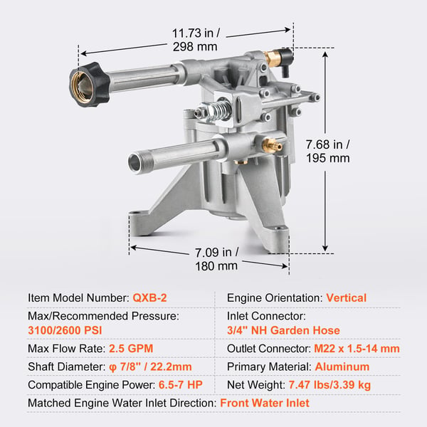 Højtryksrenserpumpe, 22mm aksel vertikal, 214 bar, 9,5 L/min, aluminium