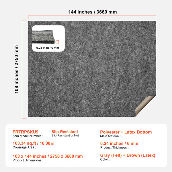 Tæppeunderlag, 275x366 cm, Grå, Polyesterfilt og Latex