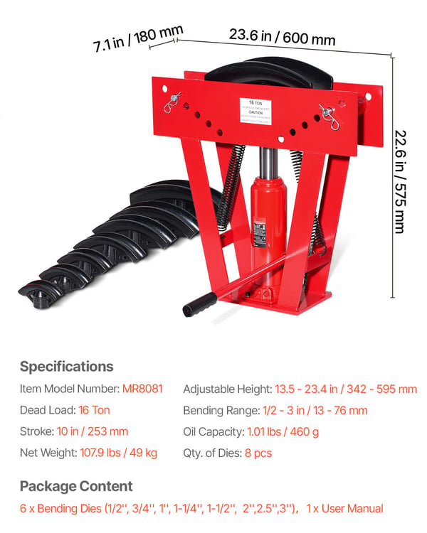 Hydraulisk rørbukker, 600x180x575 mm, kraftig stål