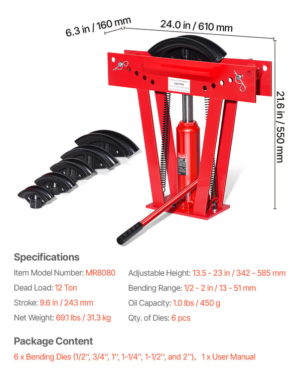 Hydraulinen putkentaivutin, 610x160x550 mm, säädettävä, teräs