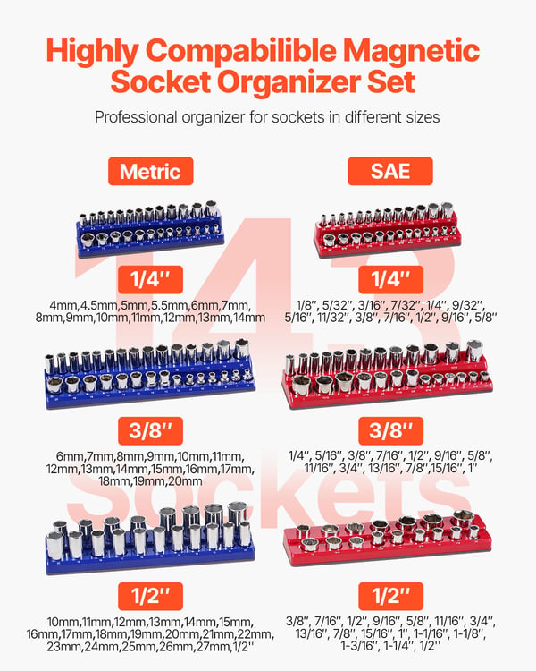 Hylsnyckelorganisatör set, Magnetisk, 6 delar, 380x89x39 mm, Blå Röd, Förvaring