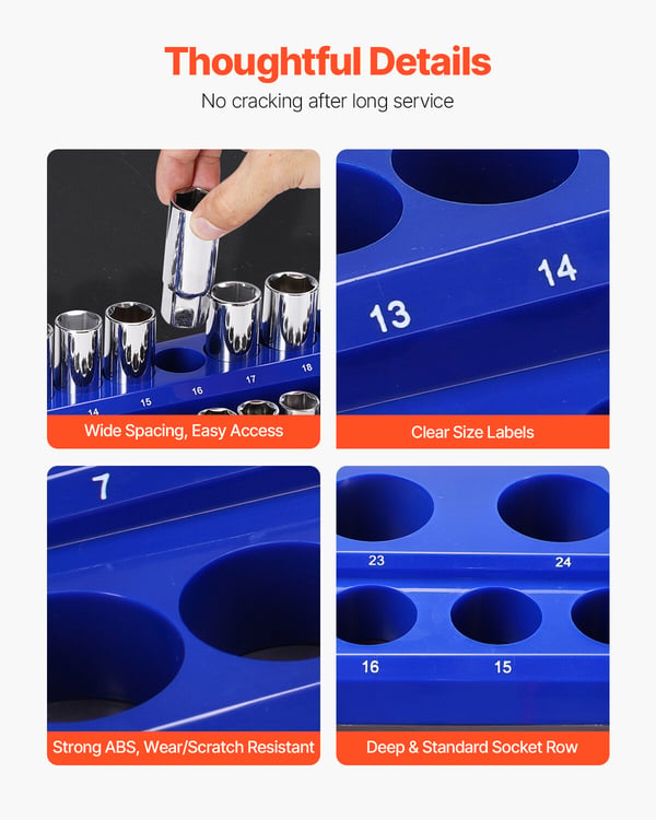 Hylsnyckelorganisatör set, Magnetisk, 6 delar, 380x89x39 mm, Blå Röd, Förvaring