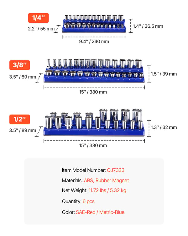 Hylsnyckelorganisatör set, Magnetisk, 6 delar, 380x89x39 mm, Blå Röd, Förvaring